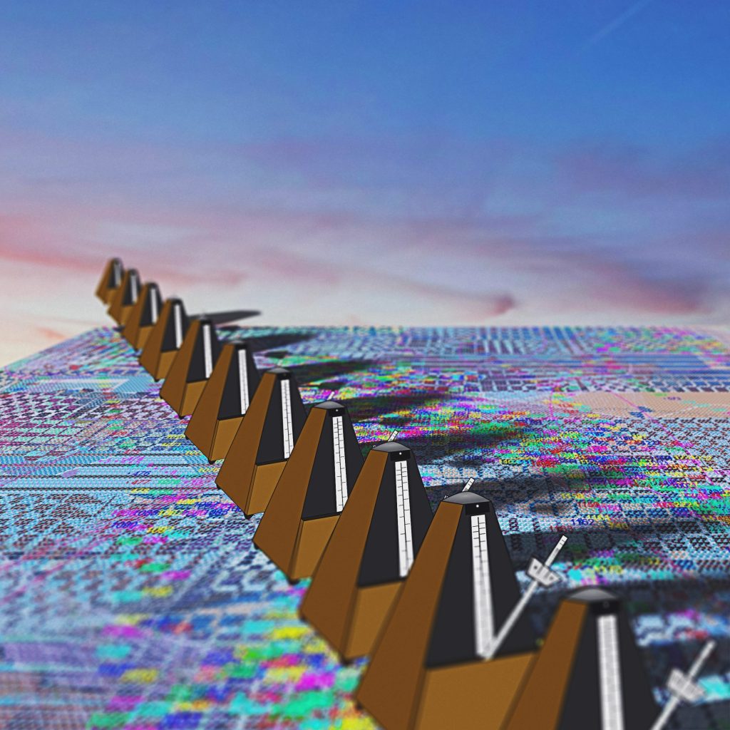 a line of metronomes running into the distance of an artificial landscape